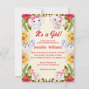 det är en tjej,elefanter tropisk rosa baby shower inbjudningar