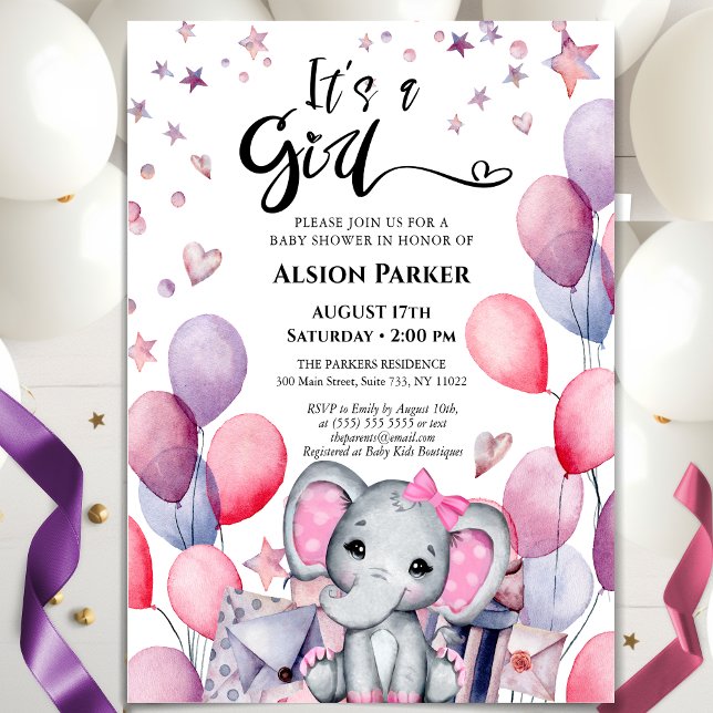 Det är en tjej Elephant Rosa Balloons Baby Shower Inbjudningar (Skapare uppladdad)