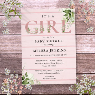 Det är en tjej grönska rosa rustik trä baby shower inbjudningar