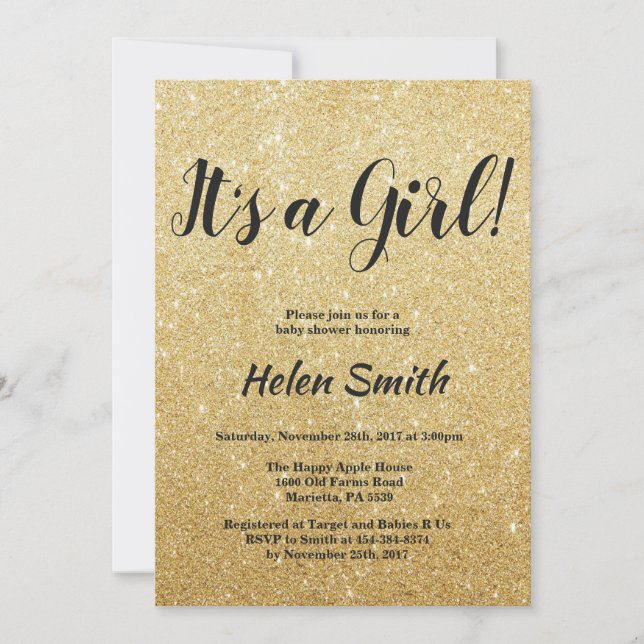 Det är en tjej Guld Glitter Bebis Badrum Inbjudningar (Framsida)