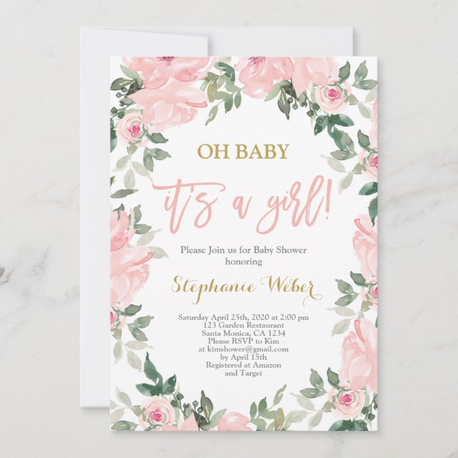Det är en tjej i rosa flora Babydusch Inbjudningar (Framsida)