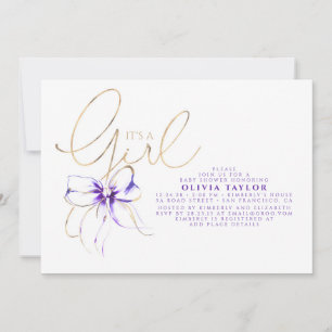 Det är en tjej lila och guld elegant baby shower inbjudningar