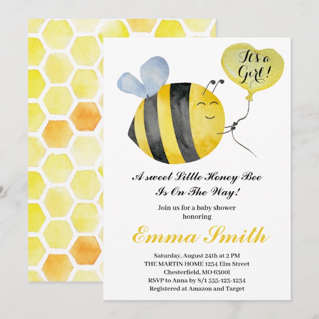 Det är en tjej Little Honey Bee Baby Shower   Inbjudningar (Fram/baksida)
