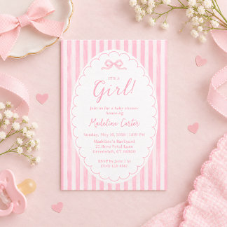 Det är en tjej rosa baby shower med rosett inbjudningar