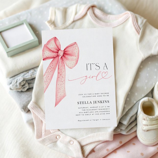 Det är en tjej Rosa båge Bebisdopp Invitation Inbjudningar (Skapare uppladdad)