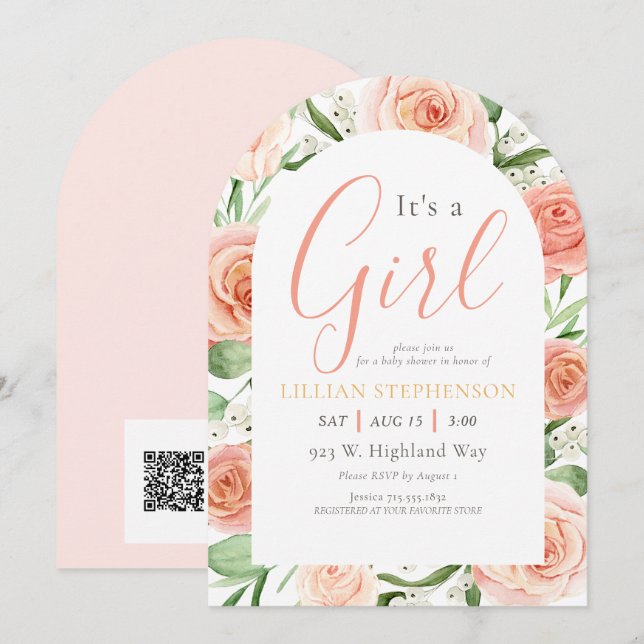 Det är en tjej Rosa blommig babyfirande QR-kod Inbjudningar (Fram/baksida)