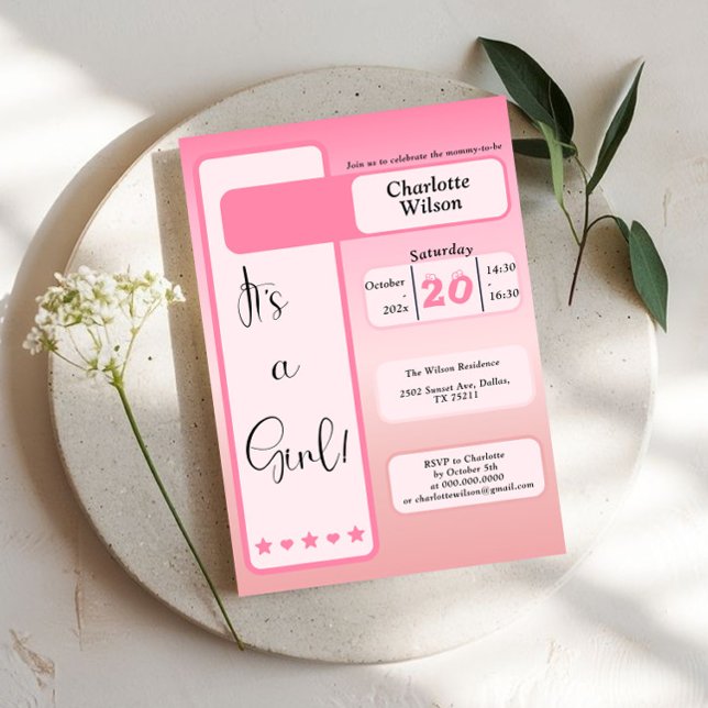 Det är en tjej! Rosa gradient Söt bebisfest Inbjudningar (Skapare uppladdad)