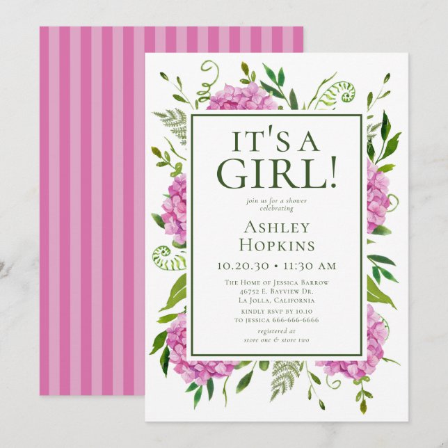 Det är en tjej Rosa Hydrangeas Baby Shower  Inbjudningar (Fram/baksida)