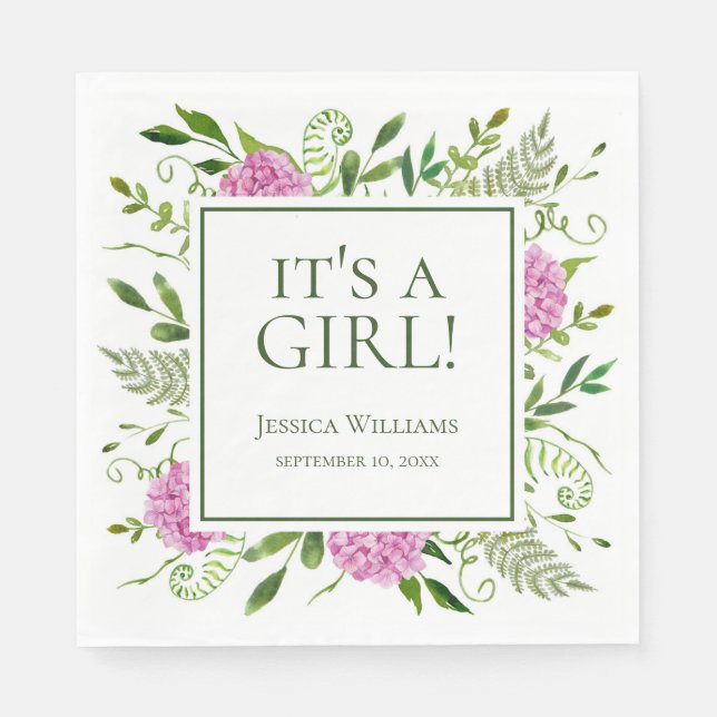 Det är en tjej Rosa Hydrangeas Baby Shower Pappersservett (Framsidan)