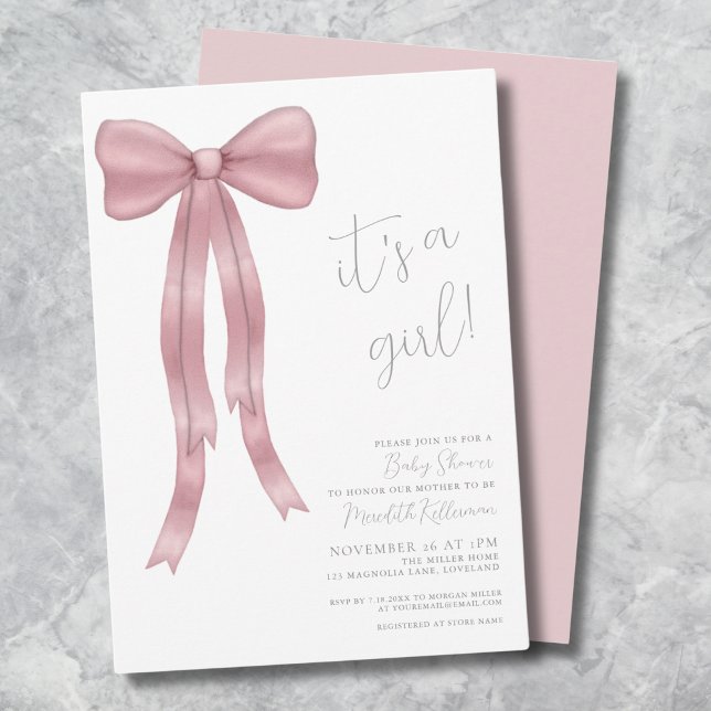 Det är en tjej Rosa rosett Baby Shower Inbjudningar (It's A Girl Pink Bow Baby Shower Invitation)