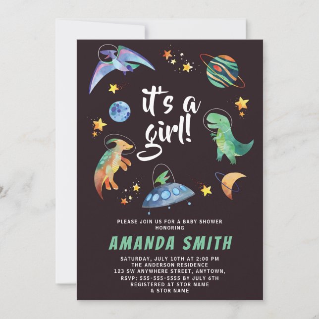 Det är en tjej Rymd Dinosaurie Galaxy Baby Shower Inbjudningar (Framsida)