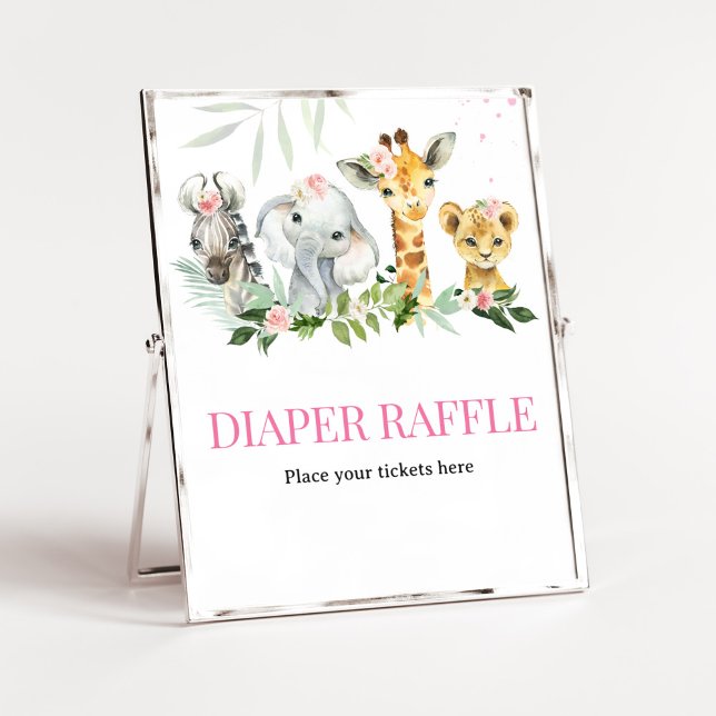 Det är en tjej Safari Animals Diaper Raffle Poster (Pink Floral Jungle Safari Baby Shower Diaper Raffle Sign
)