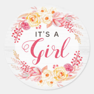Det är en tjej shabby chic rustik blomster baby sh runt klistermärke