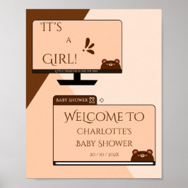 Det är en tjej! Söt björn datorskärm Baby Shower Poster