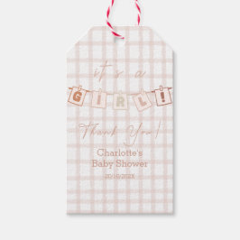 Det är en tjej Söt Brun Gingham Notedry Baby Showe Presentetikett