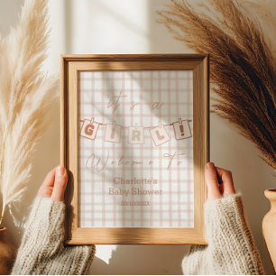 Det är en tjej! Söt Brun Gingham Notedry Välkommen Poster