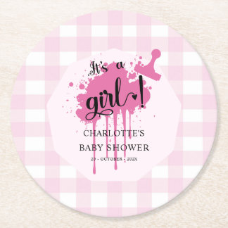 Det är en tjej Söt Pastell Rosa Rutig Bebis Baby S Underlägg Papper Rund