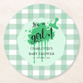 Det är en tjej Söt Pastellgrön Gingham Bebis Baby  Underlägg Papper Rund