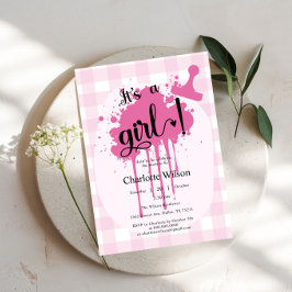 Det är en tjej! Söt pastellrosa rutig babyfest Inbjudningar