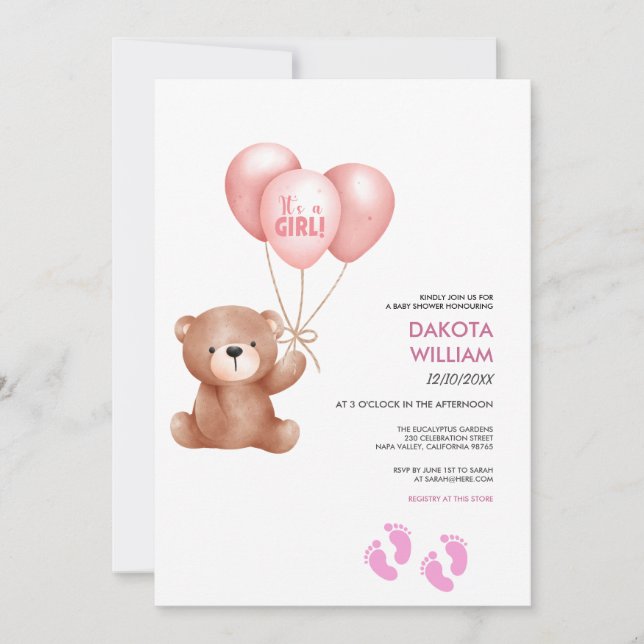 Det är en tjej Teddybjörn Ballong Bebis Bebisfest Inbjudningar (Framsida)