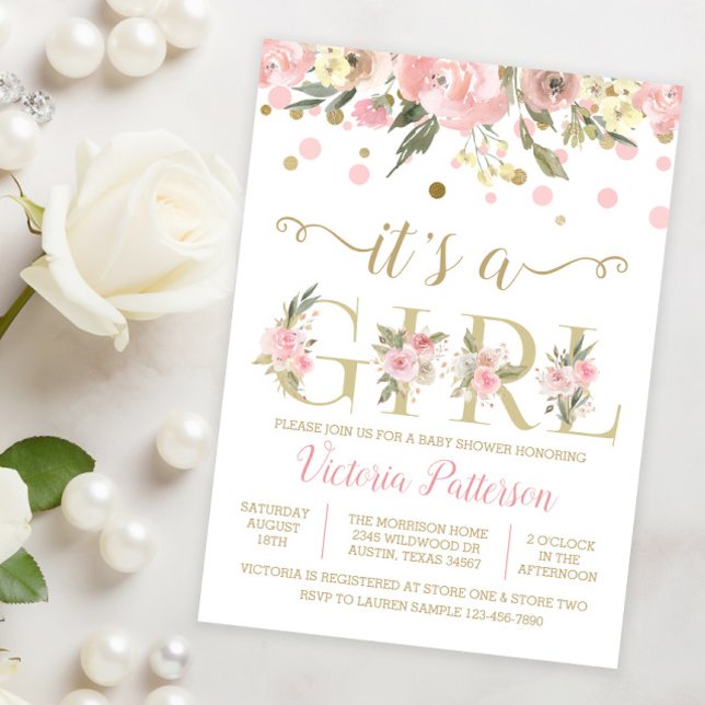 Det är en tjej Vattenfärg Blommig Bebis Shower Inbjudningar (Sweet pink and gold watercolor floral It's a girl baby shower invitation and coordinating products.)