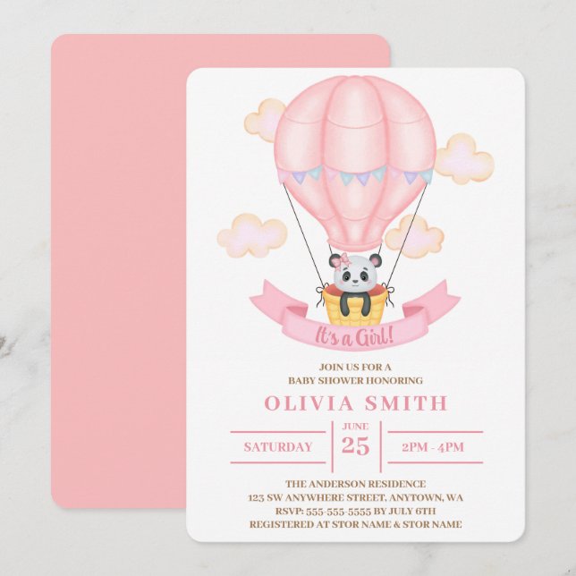 Det är en tjej Watercolor Panda på Luftballongen Inbjudningar (Fram/baksida)