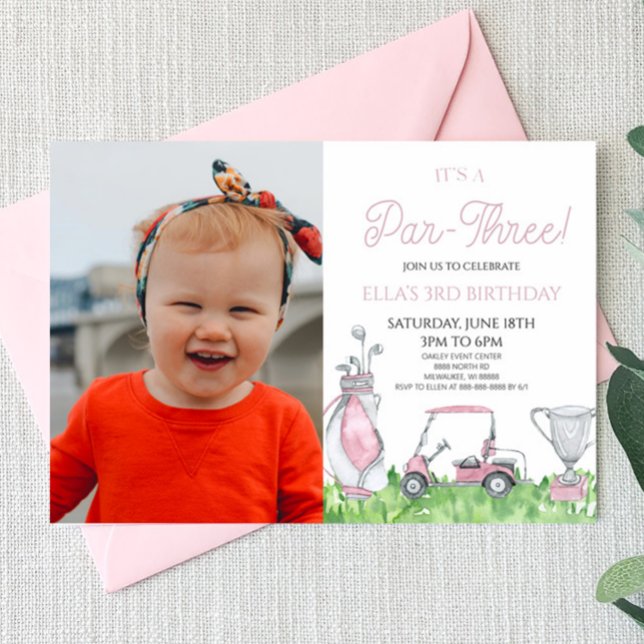 Det är en tre. Rosa Golf 3:e födelsedagen Party Inbjudningar (Skapare uppladdad)