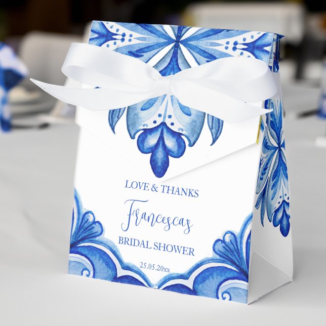 Det är en vacker, blå citron, italiensk möhippa presentaskar (That's amore Blue tiles lemons vintage Italian citrus bridal shower personalized printed Favor Boxes)