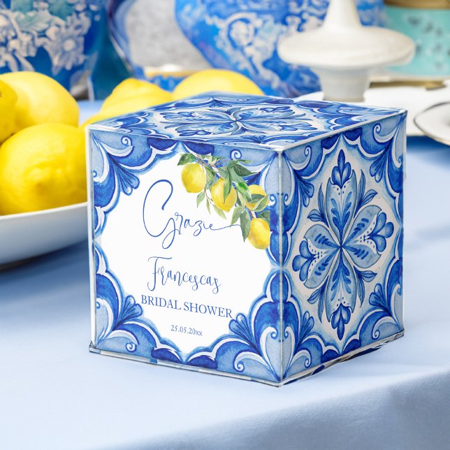 Det är en vacker, blå citron, italiensk möhippa presentaskar (That's amore vintage Italian Blue tiles lemons bridal shower printed bonboniere candy Favor Boxes)