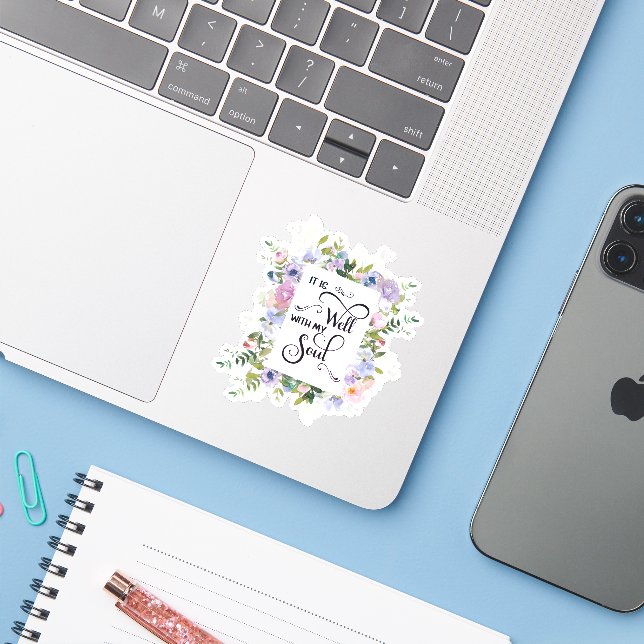 Det är en väl lila blomsterram dekal (Laptop med iPhone)