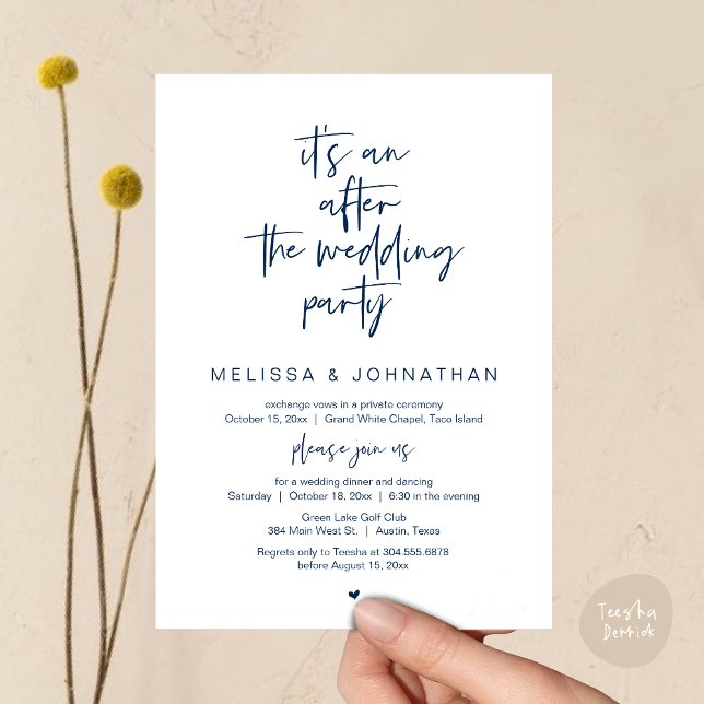 Det är ett efter bröllopsfesten, Bröllop-utflykten Inbjudningar (Happily Ever After Party, Wedding Elopement Dinner Brunch Lunch Invitation Card, PDF, Navy Blue)