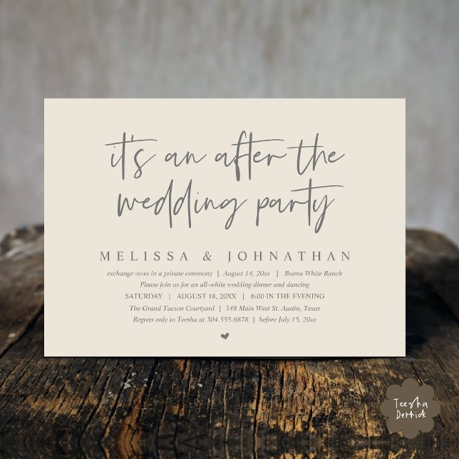 Det är ett efter bröllopsfesten, Romantisk middag Inbjudningar (It's an after the wedding party, Modern Romantic Dinner Celebration Invitation Card PDF Cream Grey)