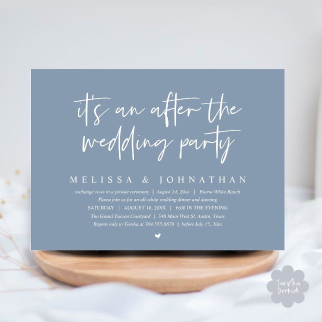 Det är ett efter bröllopsfesten, Romantisk middag Inbjudningar (It's an after the wedding party, Modern Romantic Dinner Celebration Invitation Card PDF Dusty Blue)