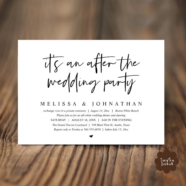 Det är ett efter bröllopsfesten, Romantisk middag Inbjudningar (It's an after the wedding party, Modern Romantic Dinner Celebration Invitation Card PDF Black White)