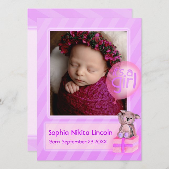 Det är ett foto av nyfödd baby rosa meddelande (Fram/baksida)