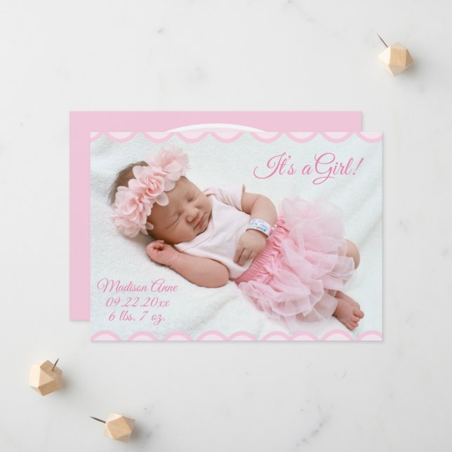 Det är ett Photo Rosa Girly Elegant Birth Meddelande (Fram/Back In Situ)