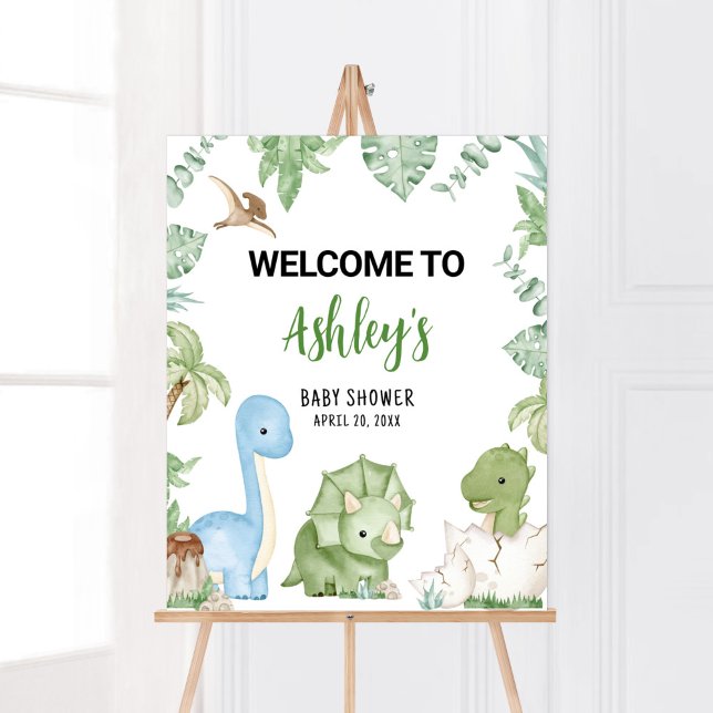 Det är ett välkomnande välkomstbesök för en pojke. poster (Greenery Boy Dinosaur Baby Shower Welcome Sign)