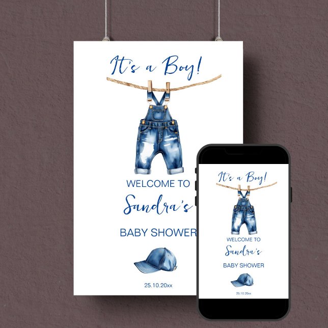 Det är ett välkomstskylt för en blå jeans babydusc poster (Blue jeans it's a boy baby shower minimalist welcome sign editable template poster instant download)