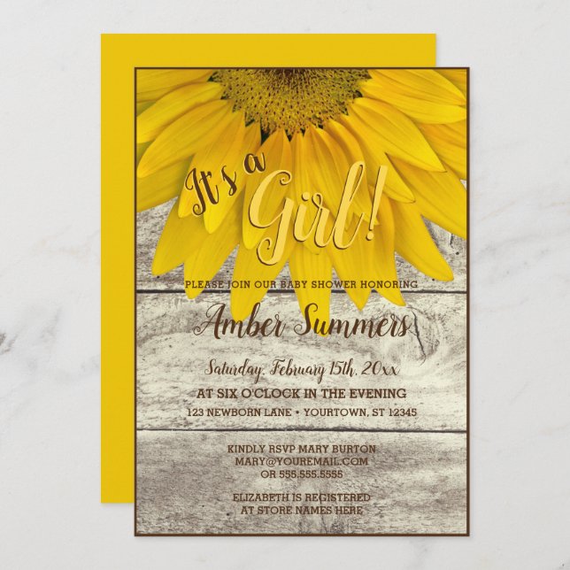 Det är för solrosträdgård för flicka en blom- baby inbjudningar (Fram/baksida)