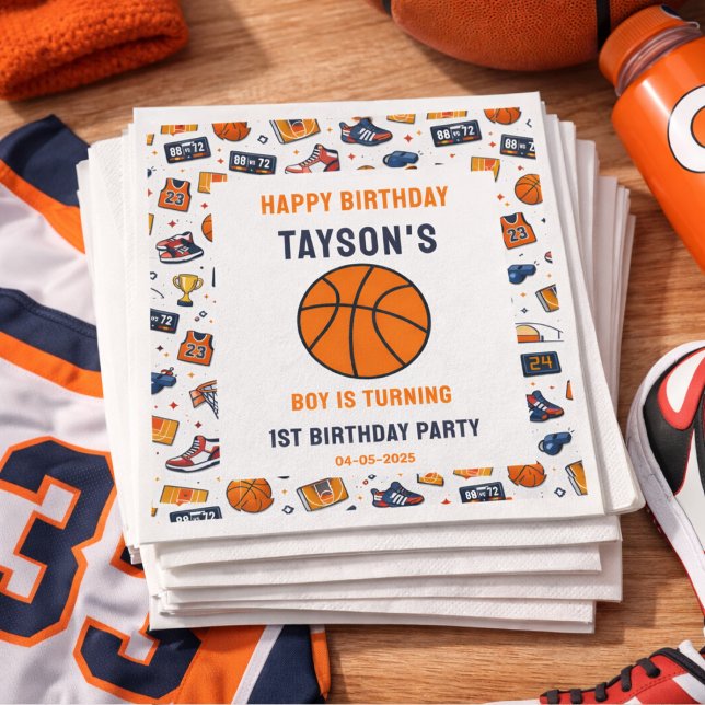 Det är Game Time Basketball 1-årsfirande för Rooki Pappersservett (It’s Game Time Basketball 1st Birthday Rookie Year napkins
)