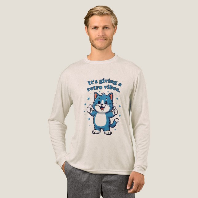 "Det är Ge Retro Vibes" Cute Blue Cat Thumbs Up T Shirt (Hel framsida)