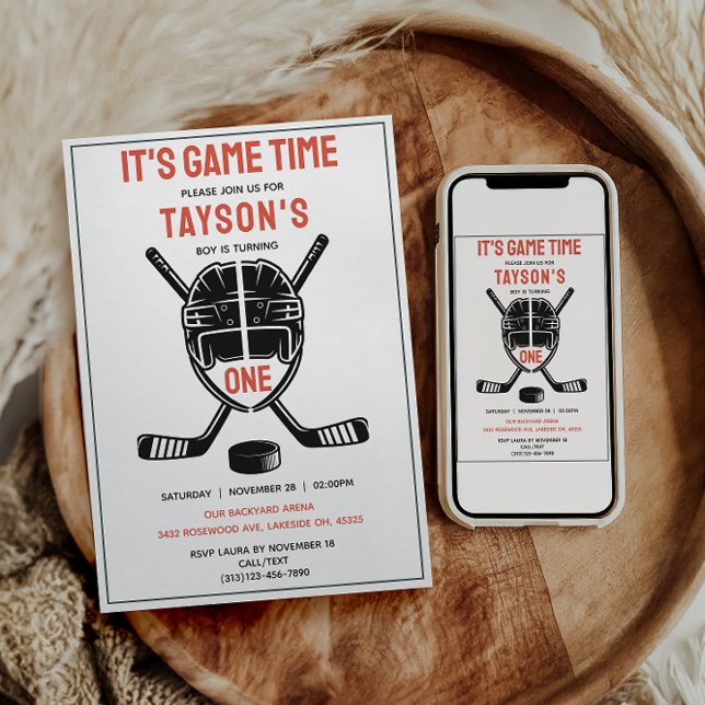 Det är Hockeytid 1-årsfest Inbjudningar (It’s Game Time Hockey 1st Birthday Party Invitation
)