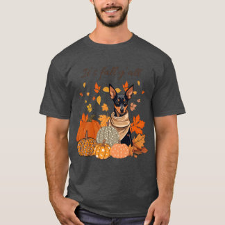 Det är höst era miniatyrpinscher med pumpor och t shirt