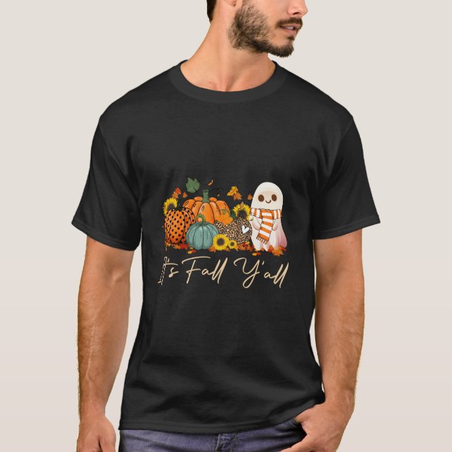 Det Är Höst Y'All Boo Spök Leopard Pumpa Halloween T Shirt (Framsida)