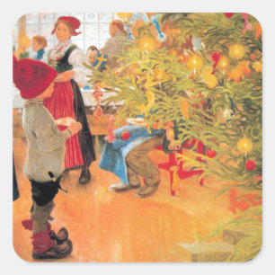 Det är jul tajmar igen - pojken tittar träd fyrkantigt klistermärke