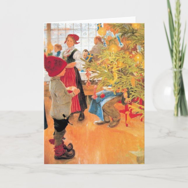 Det är jul tajmar igen - pojken tittar träd helgkort (Framsida)