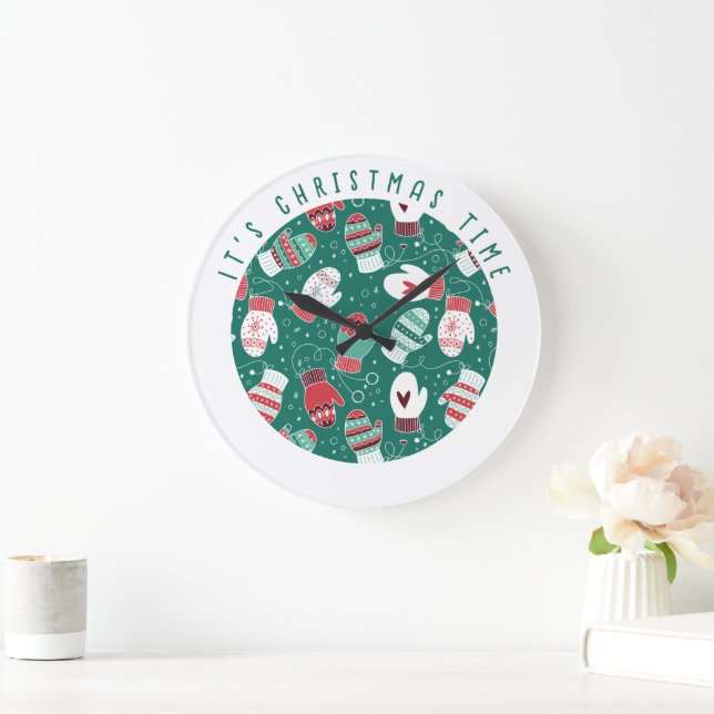 Det är jultid Mysigt Mittens Mönster i Grönt Stor Klocka (Hem)