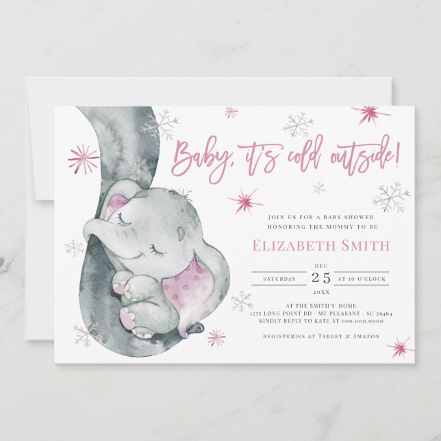Det är Kallet utanför Elephant Winter Girl Baby Sh Inbjudningar (Framsida)