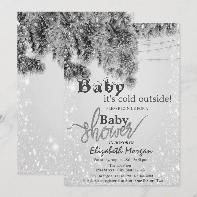Det är kallt ute Silvergrenar Babyshower Inbjudningar (Fram/baksida)
