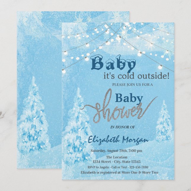 Det är kallt ute vinter skog baby shower inbjudningar (Fram/baksida)